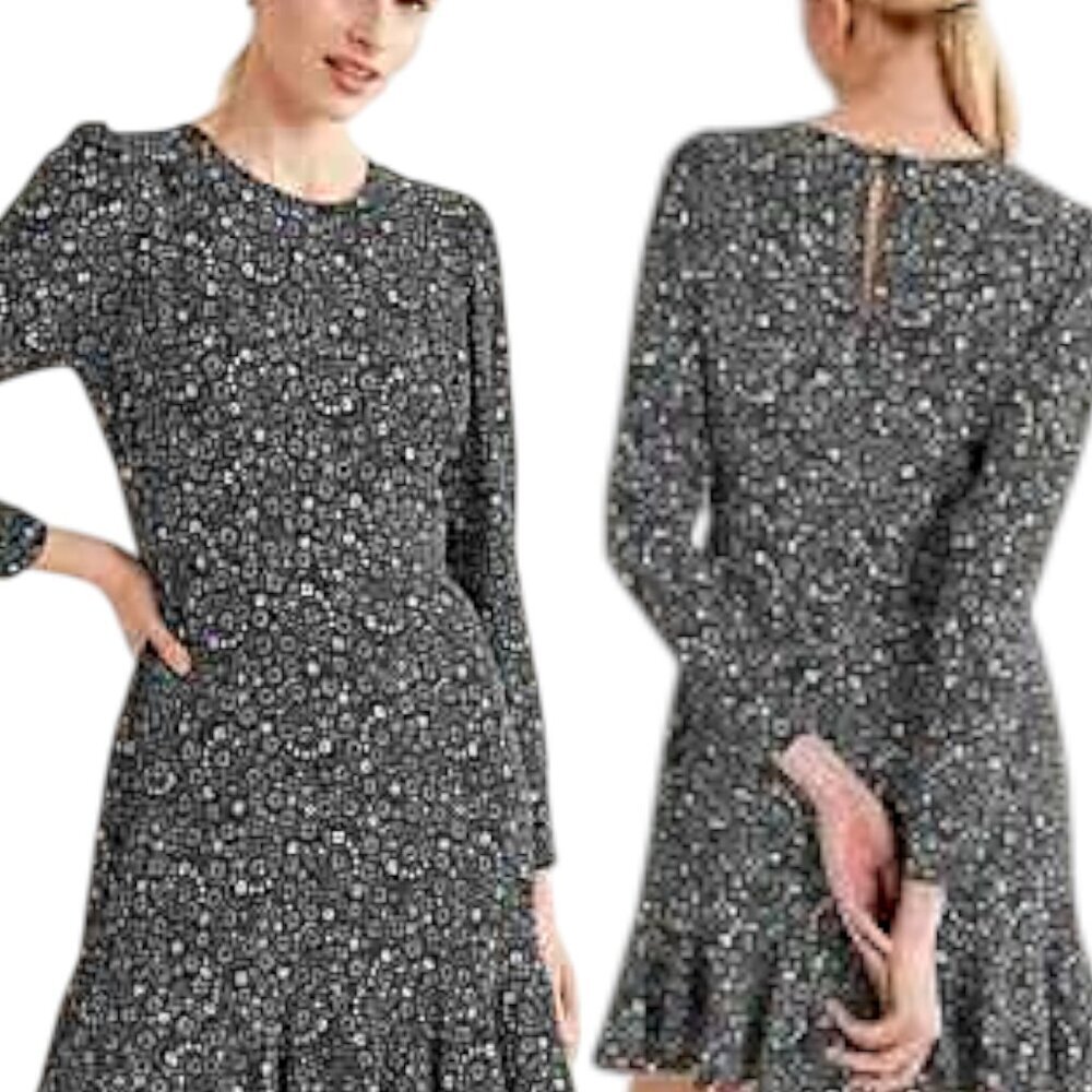Boden Long Sleeve Dotty Daisy Mini Flippy Dress - Black and White - 8